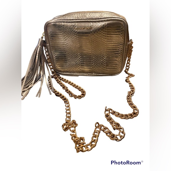Victoria's Secret Handbags - Victoria Secret~Silver Snake Print Crossbody with Gold Chain, Silver Tassel NWOT